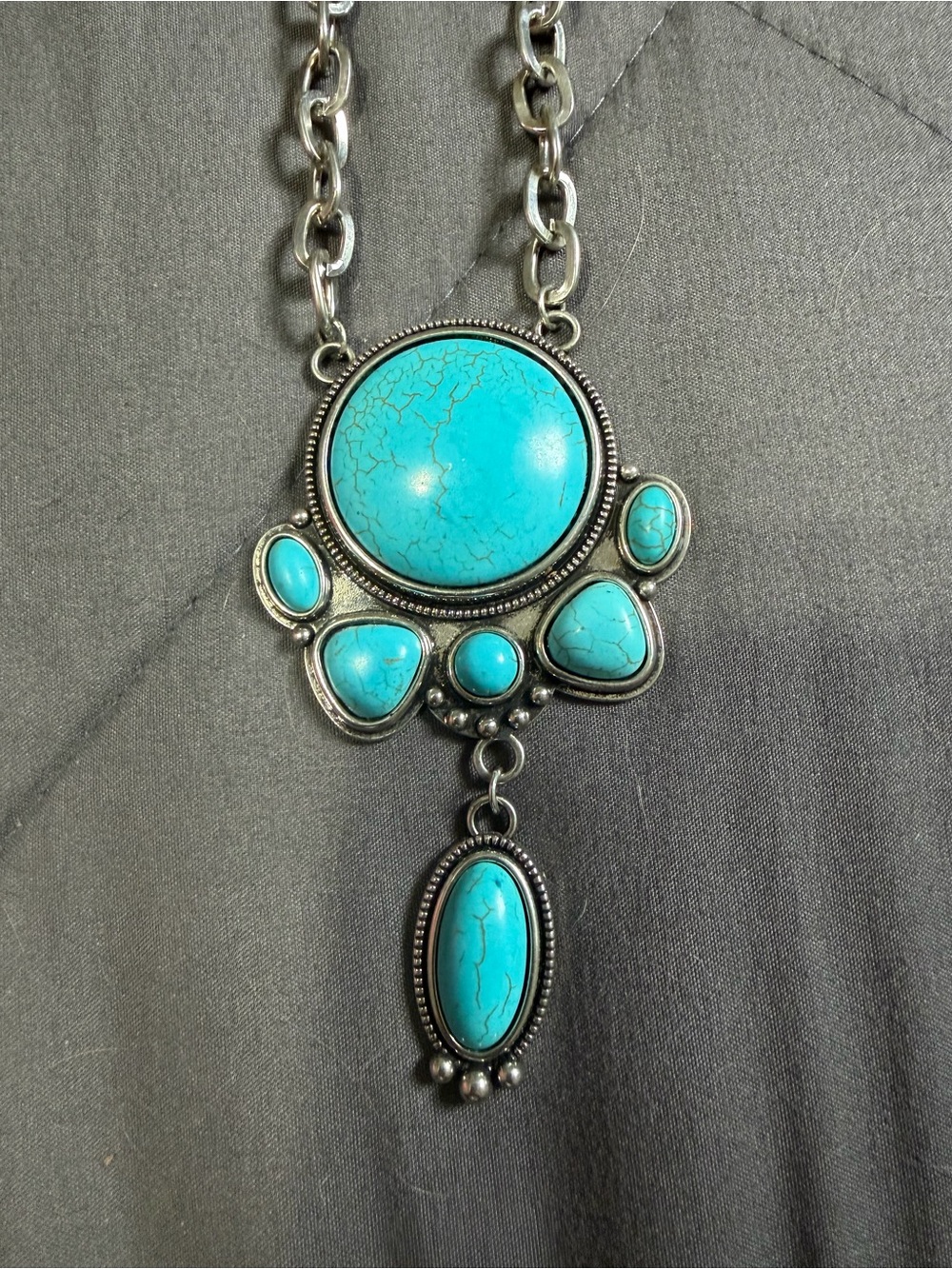 Turquoise Statement Pendant Necklace - Silver Tone - Picture 2 of 4